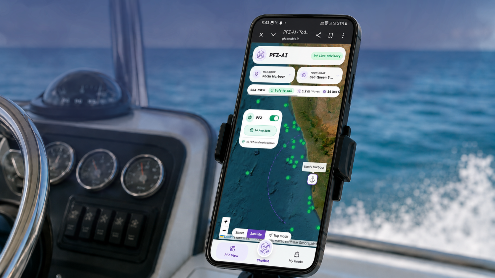 Malsya AI app open on a phone mounted on a fishing boat, showing the live fishing-zone map